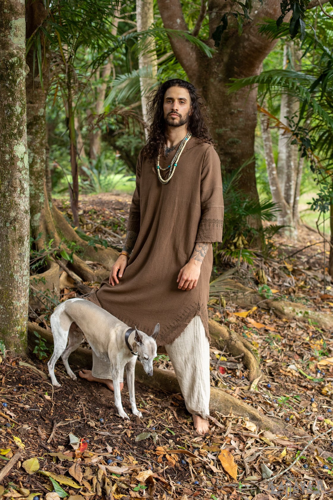 YOSEPH Brown Aramaic Gown Kurta Long Top Male Dress Shirt Biblical Natural Cotton Handwoven Block Print Natural Plant Dye Ceremony AJJAYA