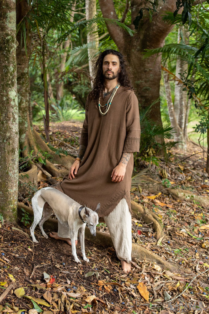 YOSEPH Brown Aramaic Gown Kurta Long Top Male Dress Shirt Biblical Natural Cotton Handwoven Block Print Natural Plant Dye Ceremony AJJAYA