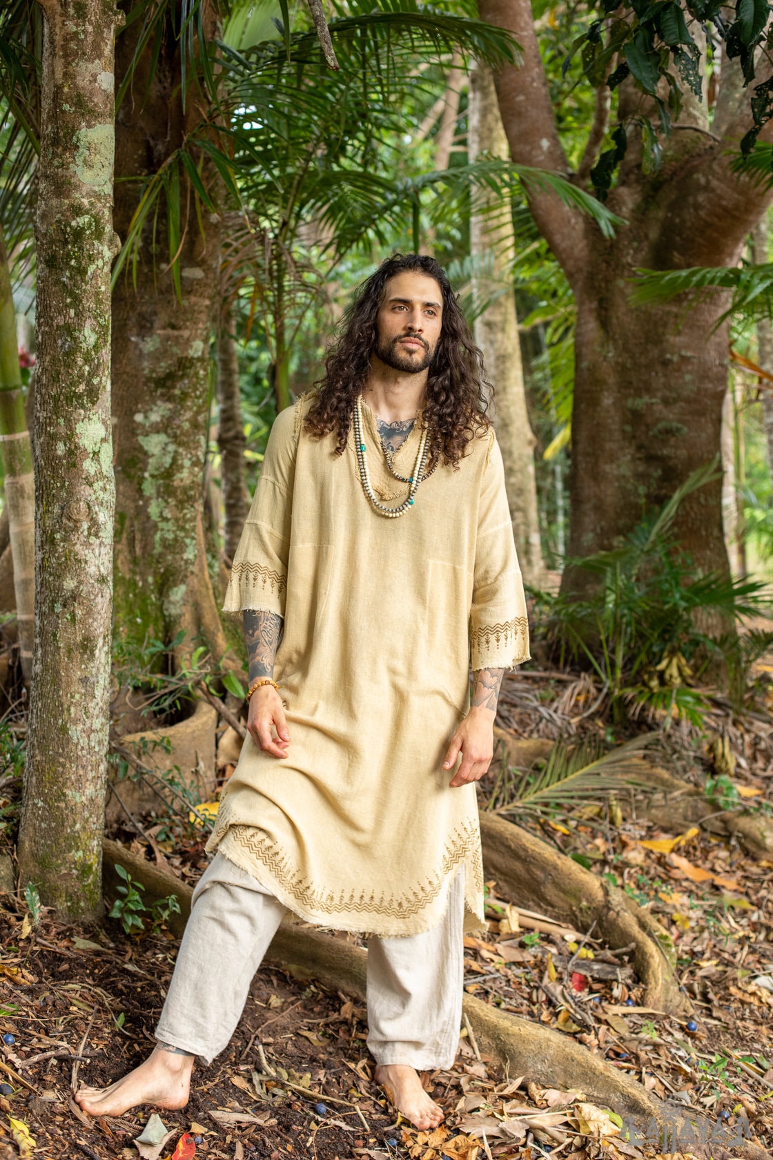 YOSEPH Beige Aramaic Gown Kurta Long Top Mens Dress Shirt Biblical Natural Cotton Handwoven Block Print Natural Plant Dye Ceremony AJJAYA