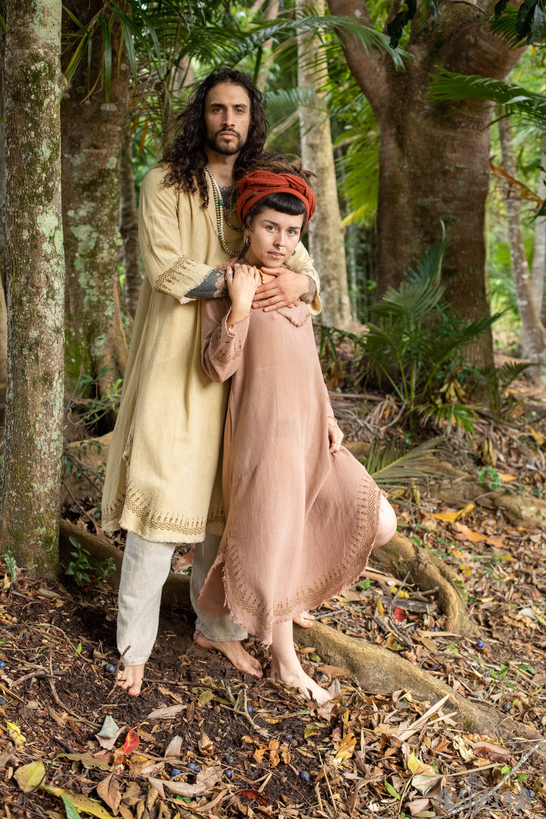 YOSEPH Beige Aramaic Gown Kurta Long Top Mens Dress Shirt Biblical Natural Cotton Handwoven Block Print Natural Plant Dye Ceremony AJJAYA