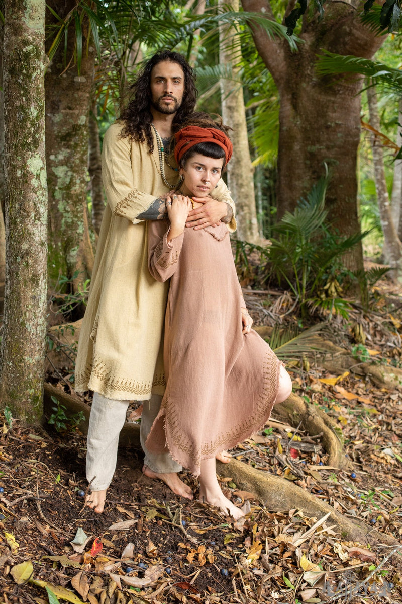 YOSEPH Beige Aramaic Gown Kurta Long Top Mens Dress Shirt Biblical Natural Cotton Handwoven Block Print Natural Plant Dye Ceremony AJJAYA