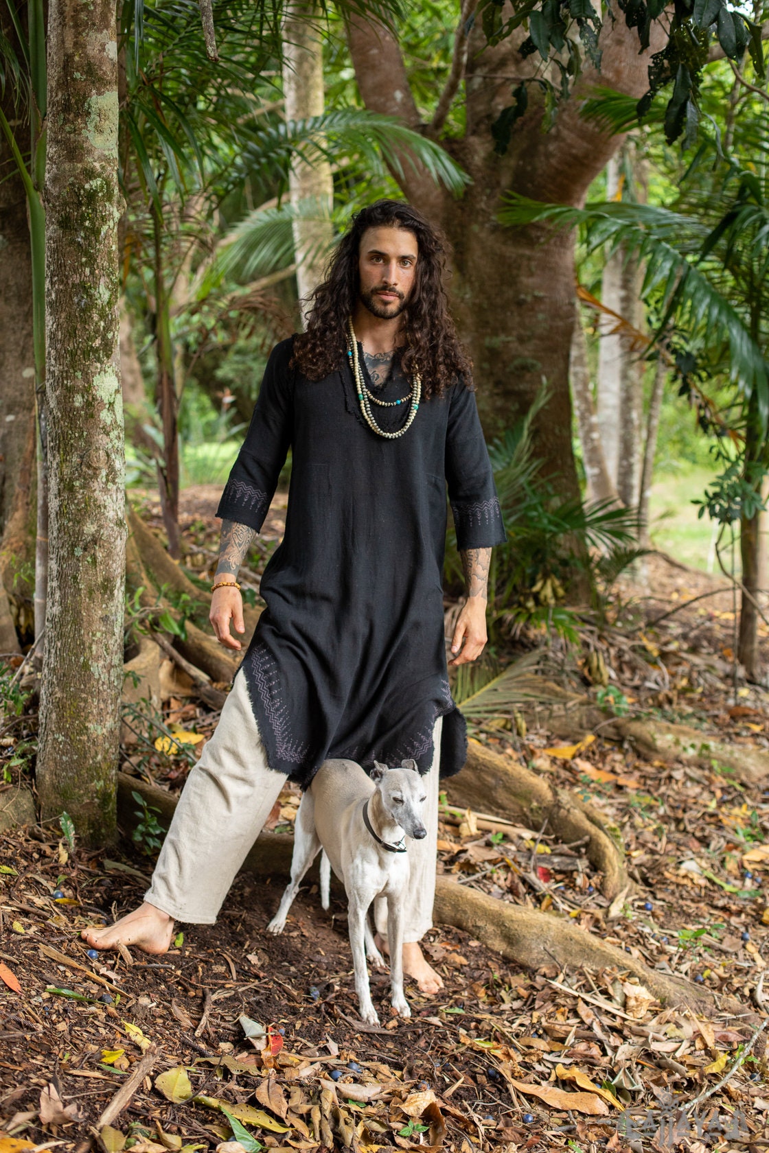 YOSEPH Black Aramaic Gown Kurta Long Top Mens Dress Shirt Biblical Natural Cotton Handwoven Block Print Natural Plant Dye Ceremony AJJAYA