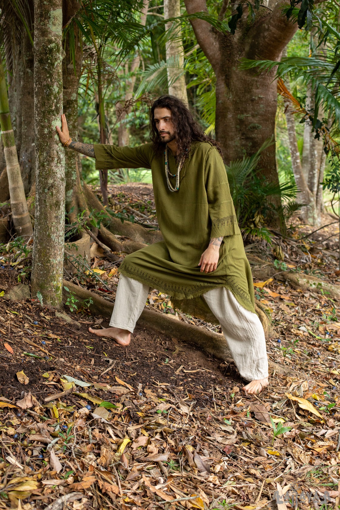 YOSEPH Green Aramaic Gown Kurta Long Top Mens Dress Shirt Biblical Natural Cotton Handwoven Block Print Natural Plant Dye Ceremony AJJAYA