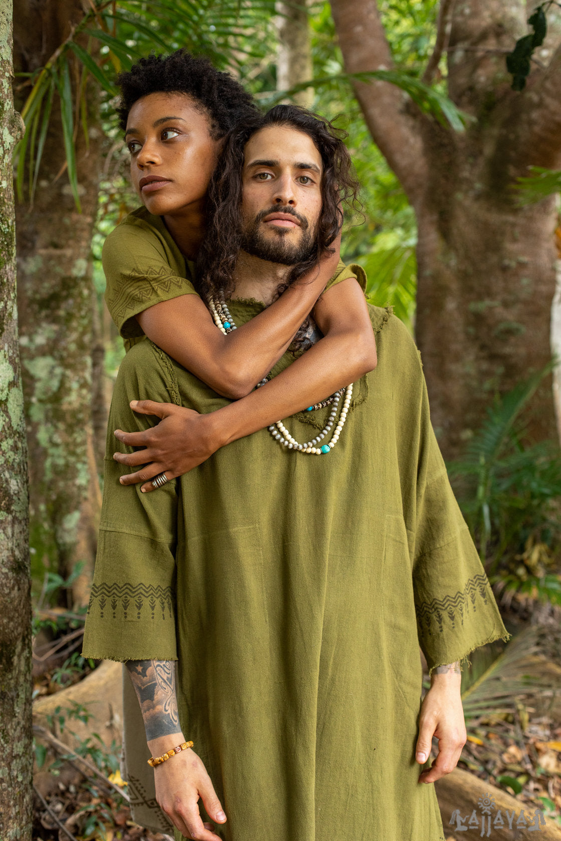 YOSEPH Green Aramaic Gown Kurta Long Top Mens Dress Shirt Biblical Natural Cotton Handwoven Block Print Natural Plant Dye Ceremony AJJAYA