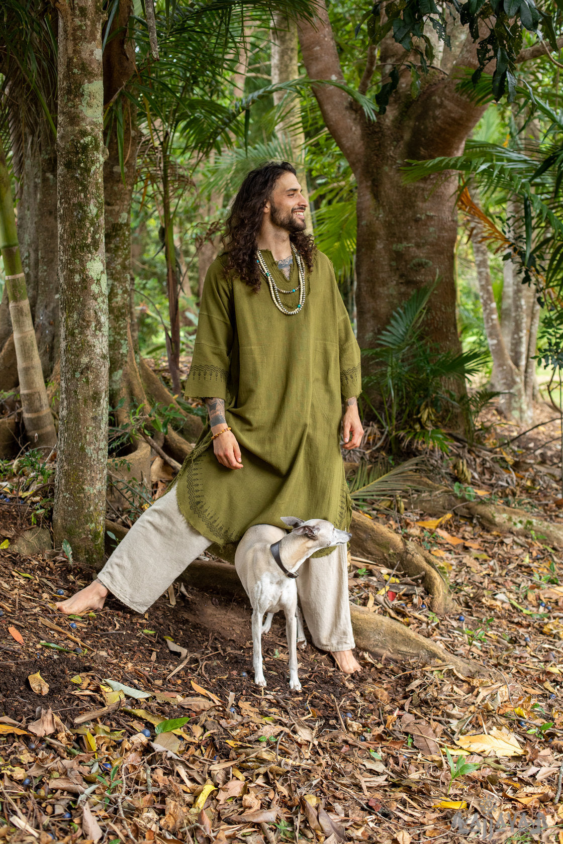 YOSEPH Kurta Green Aramaic Gown Long Top Mens Dress Shirt Biblical Natural Cotton Handwoven Block Print Natural Plant Dye Ceremony AJJAYA