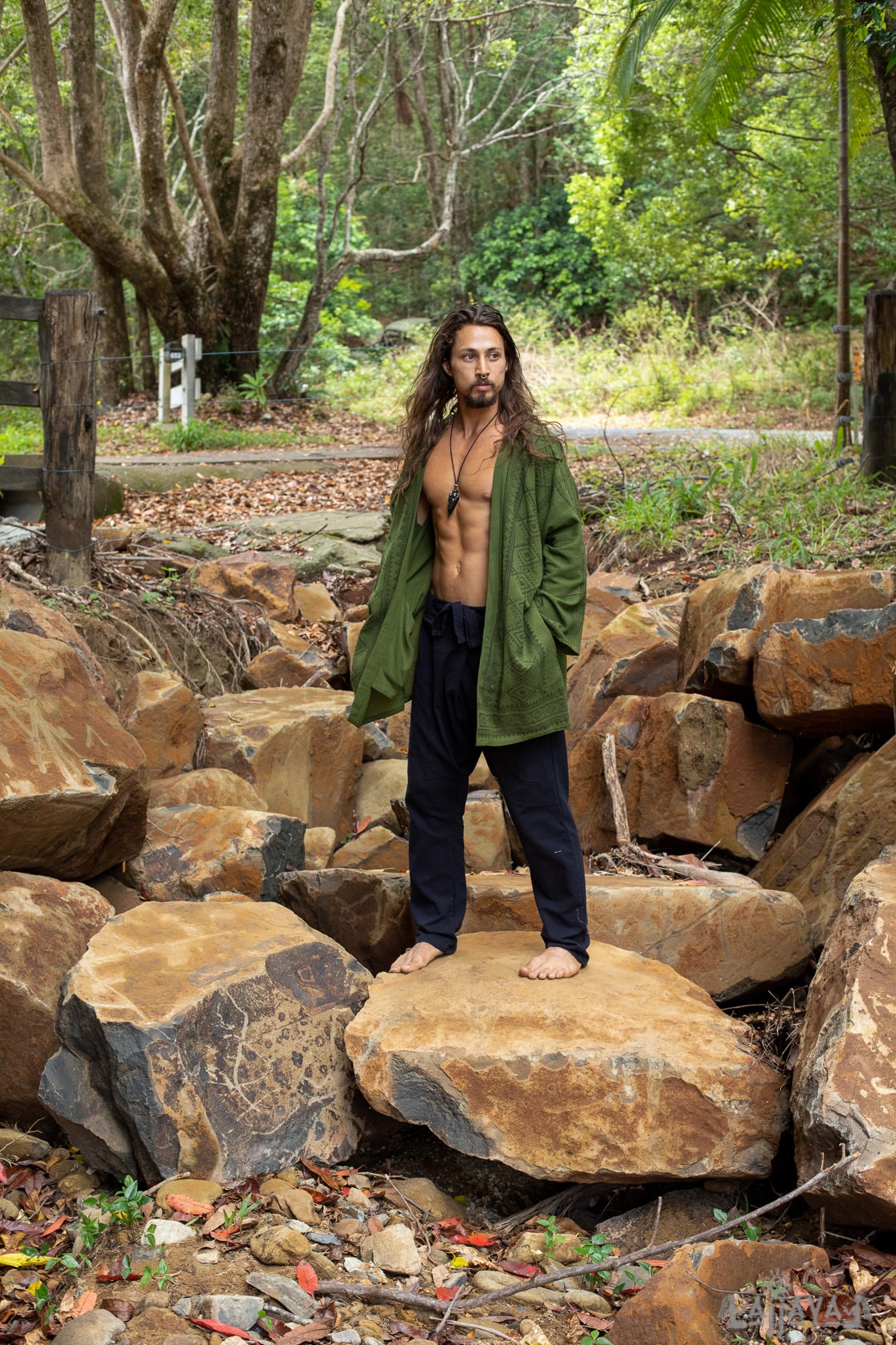 KHAL Dark Green Mens Open Cotton Shirt Top Handwoven Natural Eco Dyed Block Printed Buttonless Gypsy Tribal Primitive Festival Vest AJJAYA