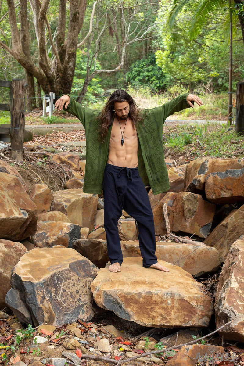 KHAL Dark Green Mens Open Cotton Shirt Top Handwoven Natural Eco Dyed Block Printed Buttonless Gypsy Tribal Primitive Festival Vest AJJAYA