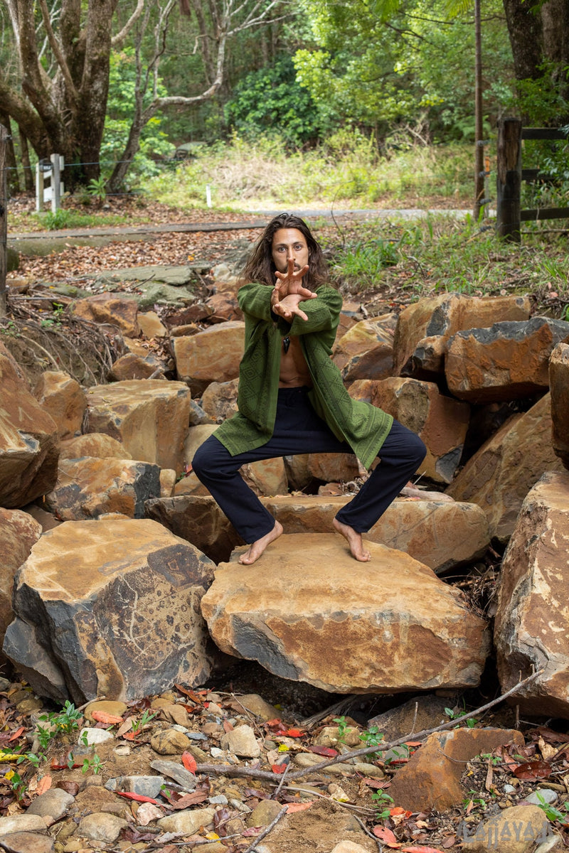 KHAL Dark Green Mens Open Cotton Shirt Top Handwoven Natural Eco Dyed Block Printed Buttonless Gypsy Tribal Primitive Festival Vest AJJAYA