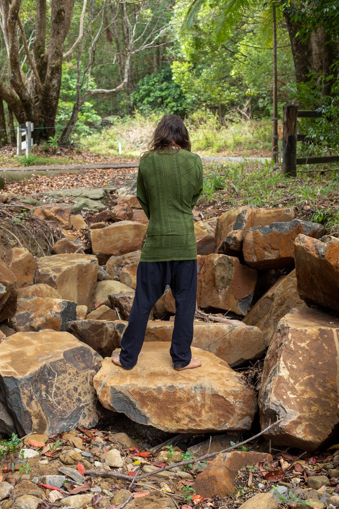 KHAL Dark Green Mens Open Cotton Shirt Top Handwoven Natural Eco Dyed Block Printed Buttonless Gypsy Tribal Primitive Festival Vest AJJAYA