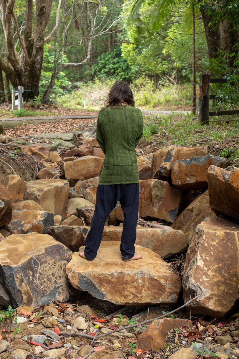 KHAL Dark Green Mens Open Cotton Shirt Top Handwoven Natural Eco Dyed Block Printed Buttonless Gypsy Tribal Primitive Festival Vest AJJAYA