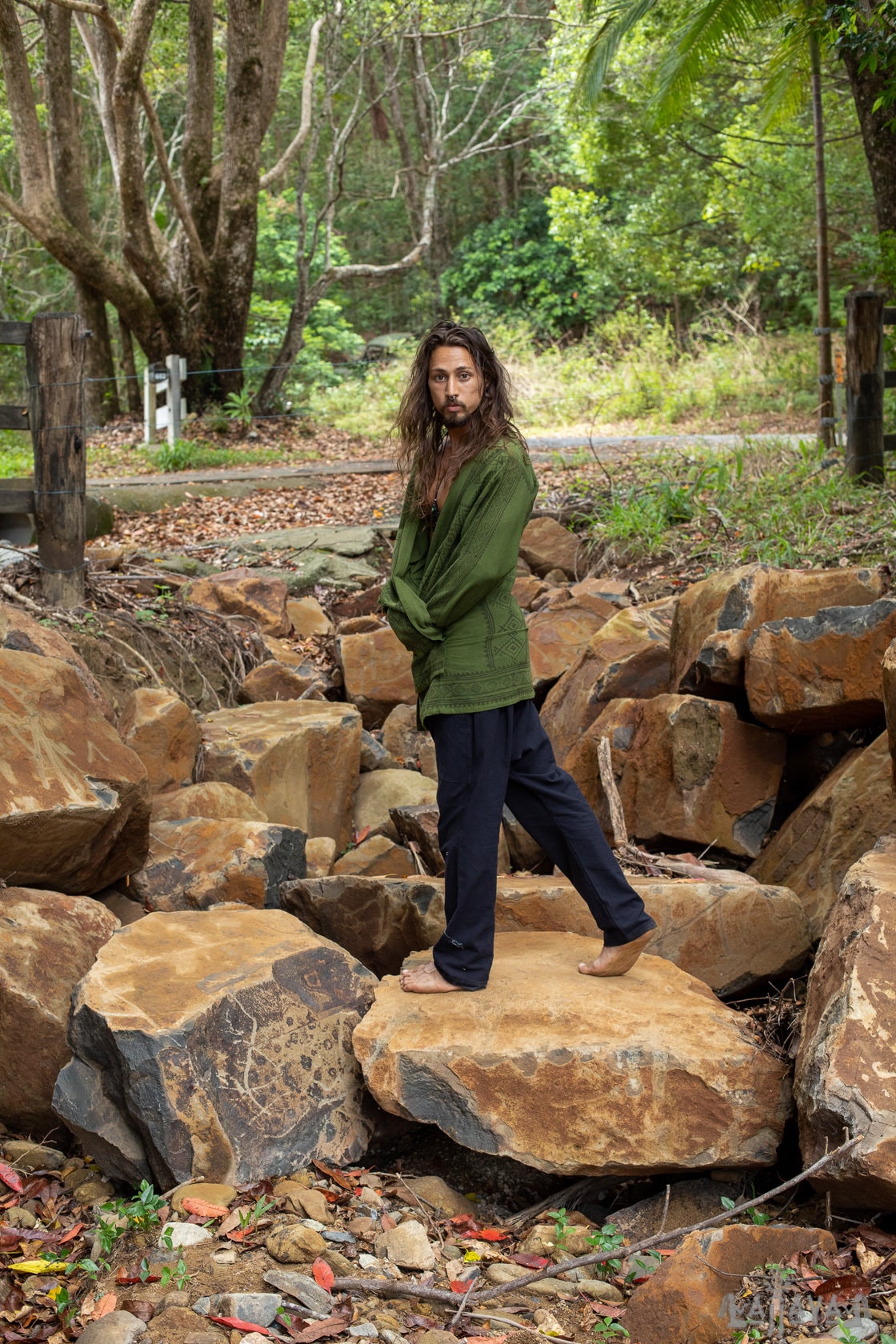 KHAL Dark Green Mens Open Cotton Shirt Top Handwoven Natural Eco Dyed Block Printed Buttonless Gypsy Tribal Primitive Festival Vest AJJAYA