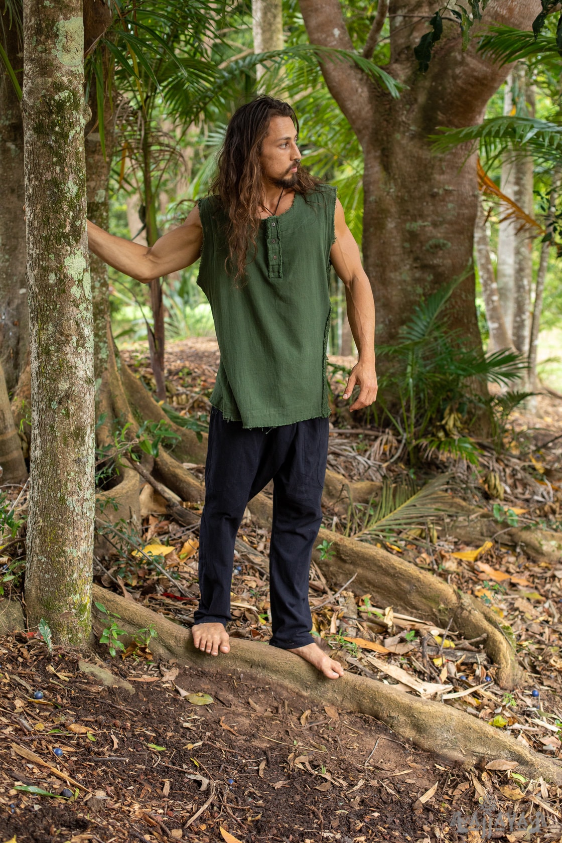 Mens Tank Top Handmade Green Neo Gypsy Sleeveless Earthy Top Shirt, Tribal Jungle Natural Savage Neck Festival Rave AJJAYA Nomadic Primitive