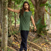 Mens Tank Top Handmade Green Neo Gypsy Sleeveless Earthy Top Shirt, Tribal Jungle Natural Savage Neck Festival Rave AJJAYA Nomadic Primitive