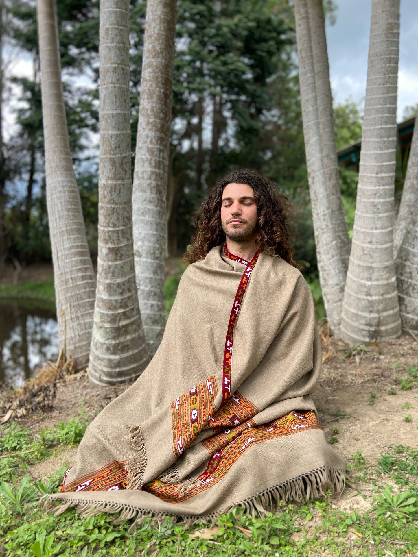 VIRIYA Shawl Ash Grey Brown Handwoven Wool Meditation Prayer Scarf Blanket Premium Pure Cashmere Winter Zen Tibetan Embroidery Boho AJJAYA