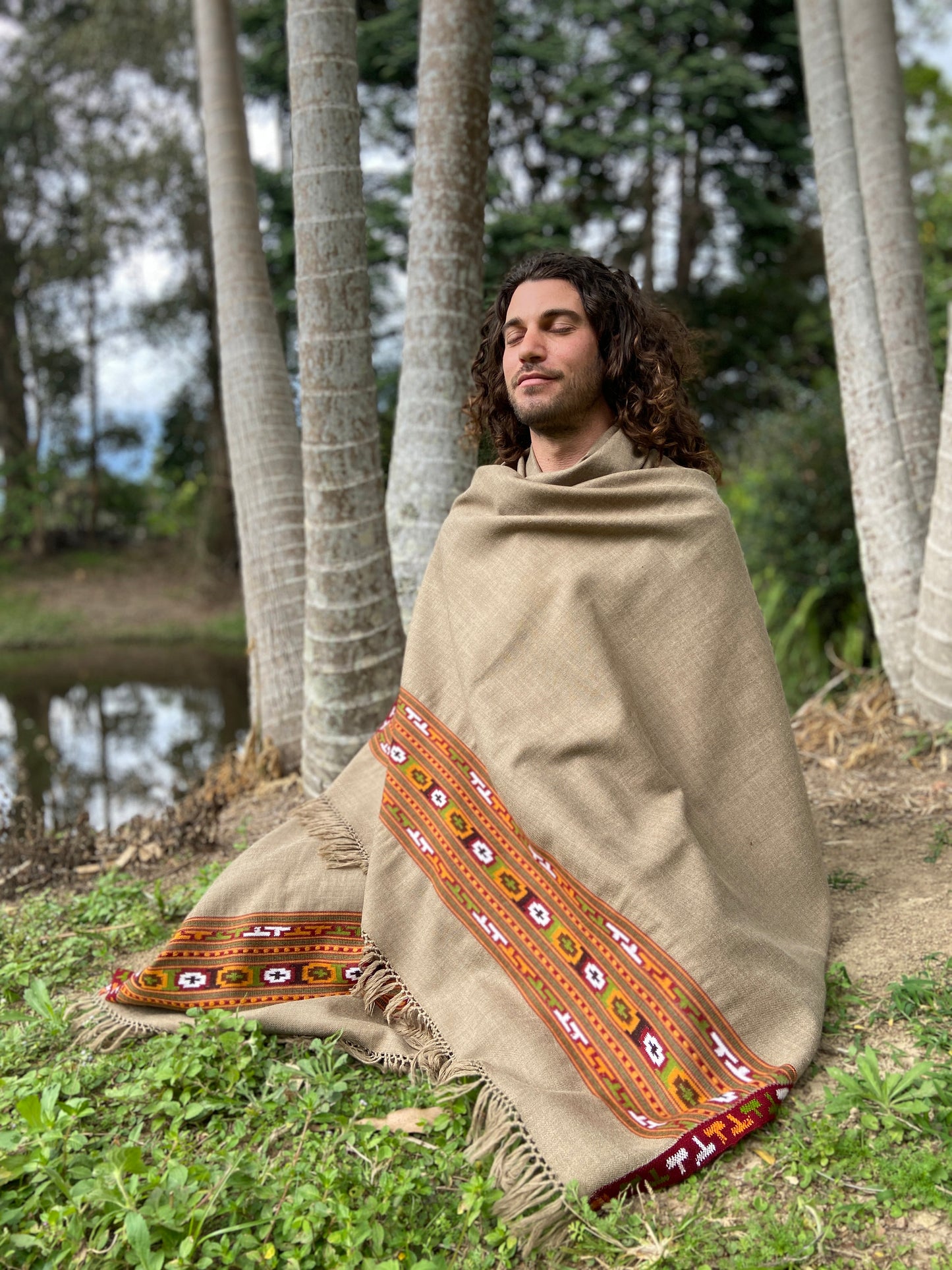 VIRIYA Shawl Ash Grey Brown Handwoven Wool Meditation Prayer Scarf Blanket Premium Pure Cashmere Winter Zen Tibetan Embroidery Boho AJJAYA
