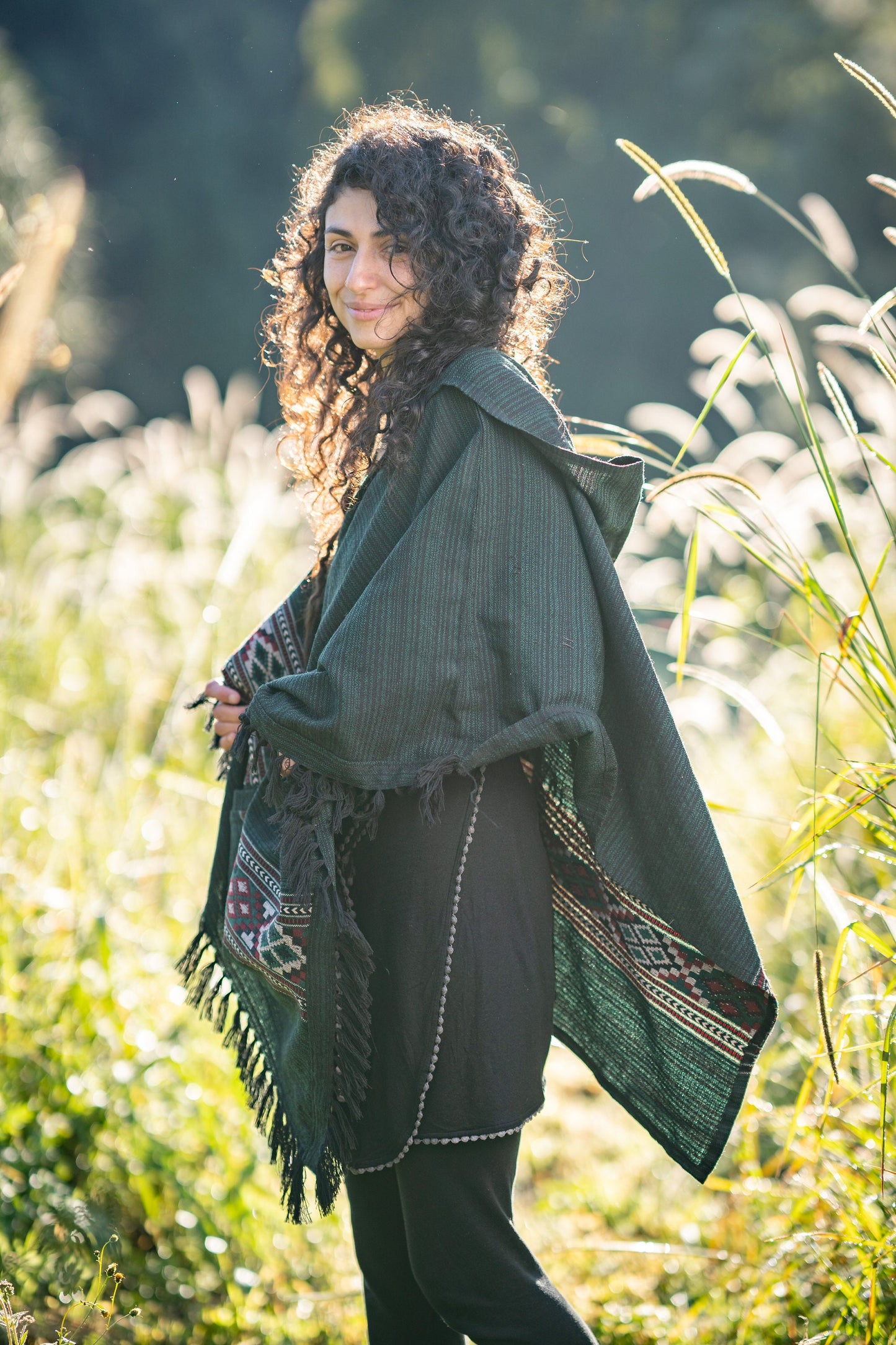JHANA Hooded Poncho Green Tribal Cashmere and Acrylic Wool Embroidery Pockets Boho Festival Alternative Nomadic Primitive Hippie AJJAYA