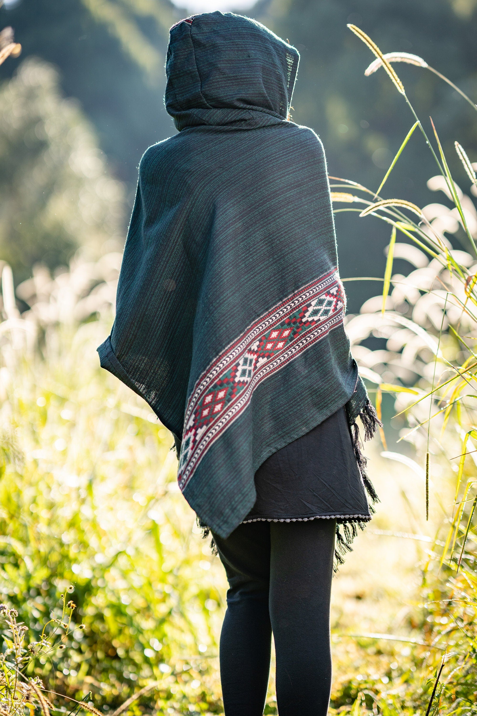 JHANA Hooded Poncho Green Tribal Cashmere and Acrylic Wool Embroidery Pockets Boho Festival Alternative Nomadic Primitive Hippie AJJAYA