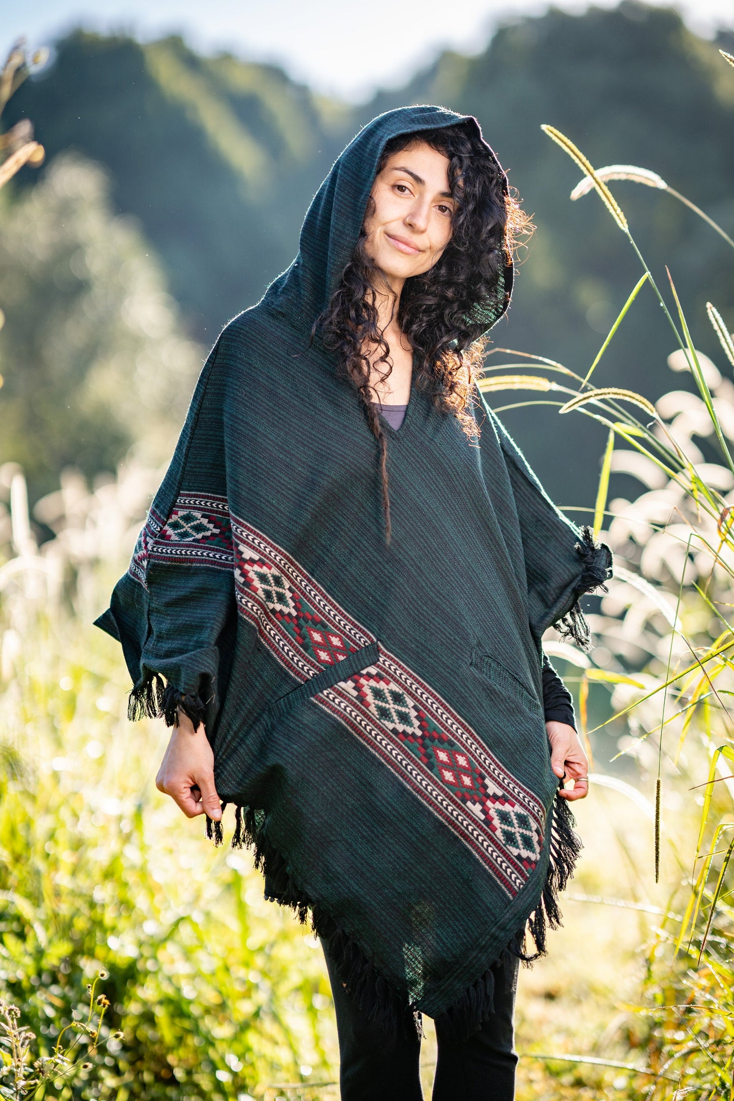 JHANA Hooded Poncho Green Tribal Cashmere and Acrylic Wool Embroidery Pockets Boho Festival Alternative Nomadic Primitive Hippie AJJAYA