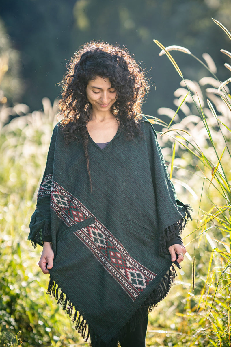 JHANA Hooded Poncho Green Tribal Cashmere and Acrylic Wool Embroidery Pockets Boho Festival Alternative Nomadic Primitive Hippie AJJAYA