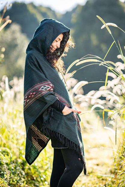 JHANA Hooded Poncho Green Tribal Cashmere and Acrylic Wool Embroidery Pockets Boho Festival Alternative Nomadic Primitive Hippie AJJAYA