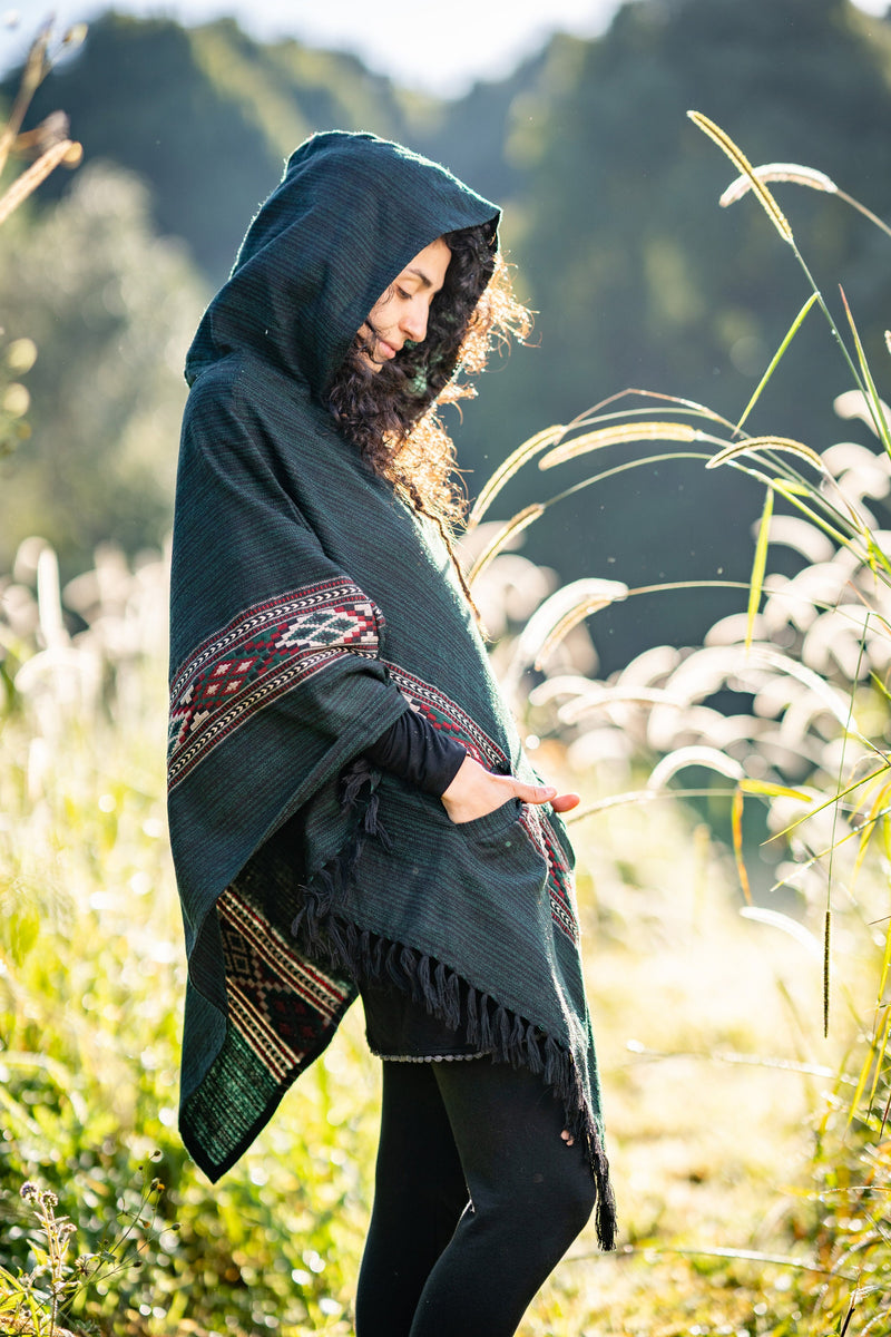 JHANA Hooded Poncho Green Tribal Cashmere and Acrylic Wool Embroidery Pockets Boho Festival Alternative Nomadic Primitive Hippie AJJAYA