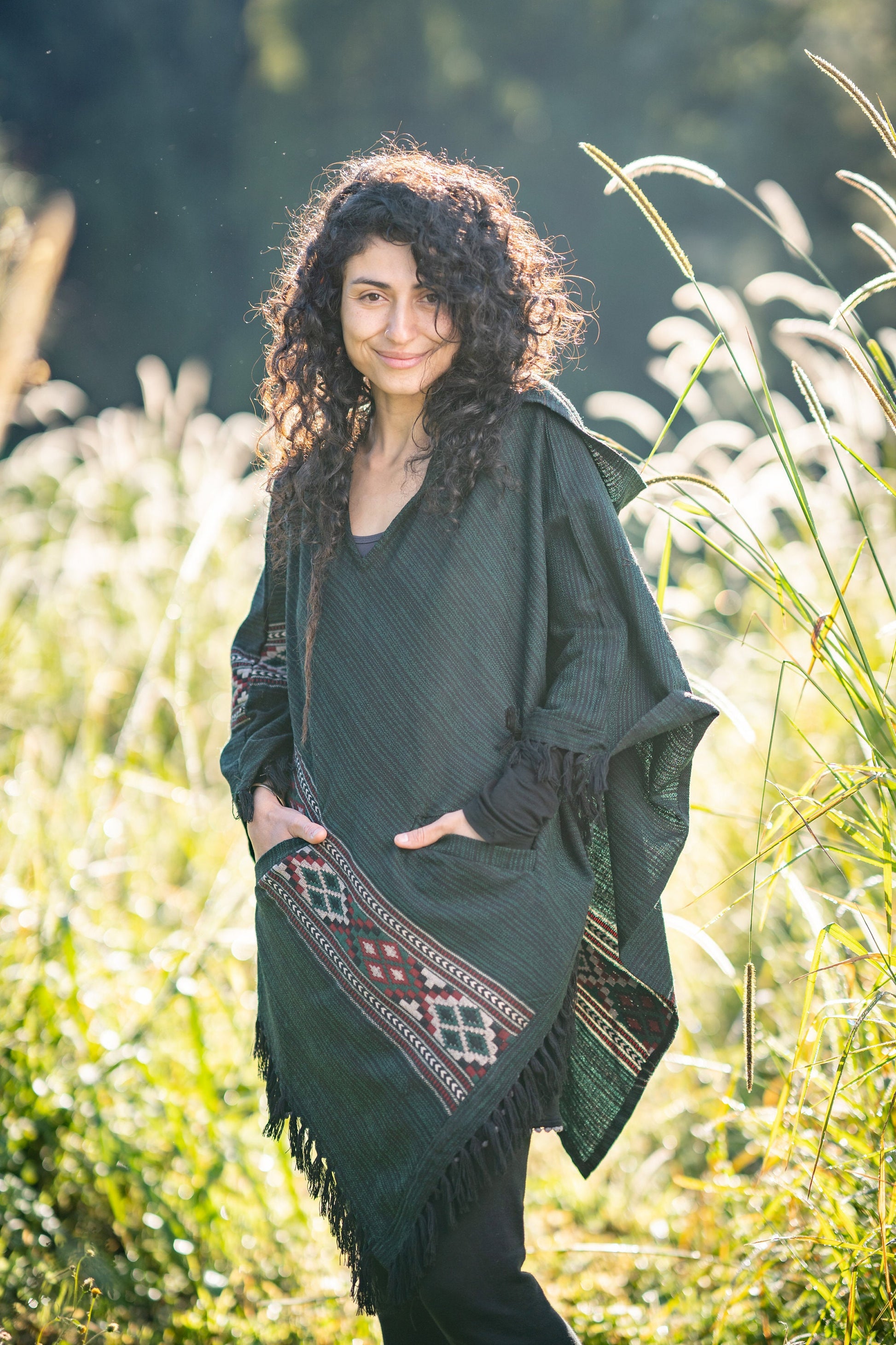 JHANA Hooded Poncho Green Tribal Cashmere and Acrylic Wool Embroidery Pockets Boho Festival Alternative Nomadic Primitive Hippie AJJAYA