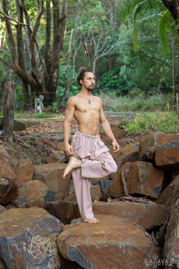 YUGI Salmon Pink Mens Cotton Yoga Pants Natural Plant Dyed Pockets Yogi Breathable Gym Straight Trousers Flexible Drawstring Festival AJJAYA
