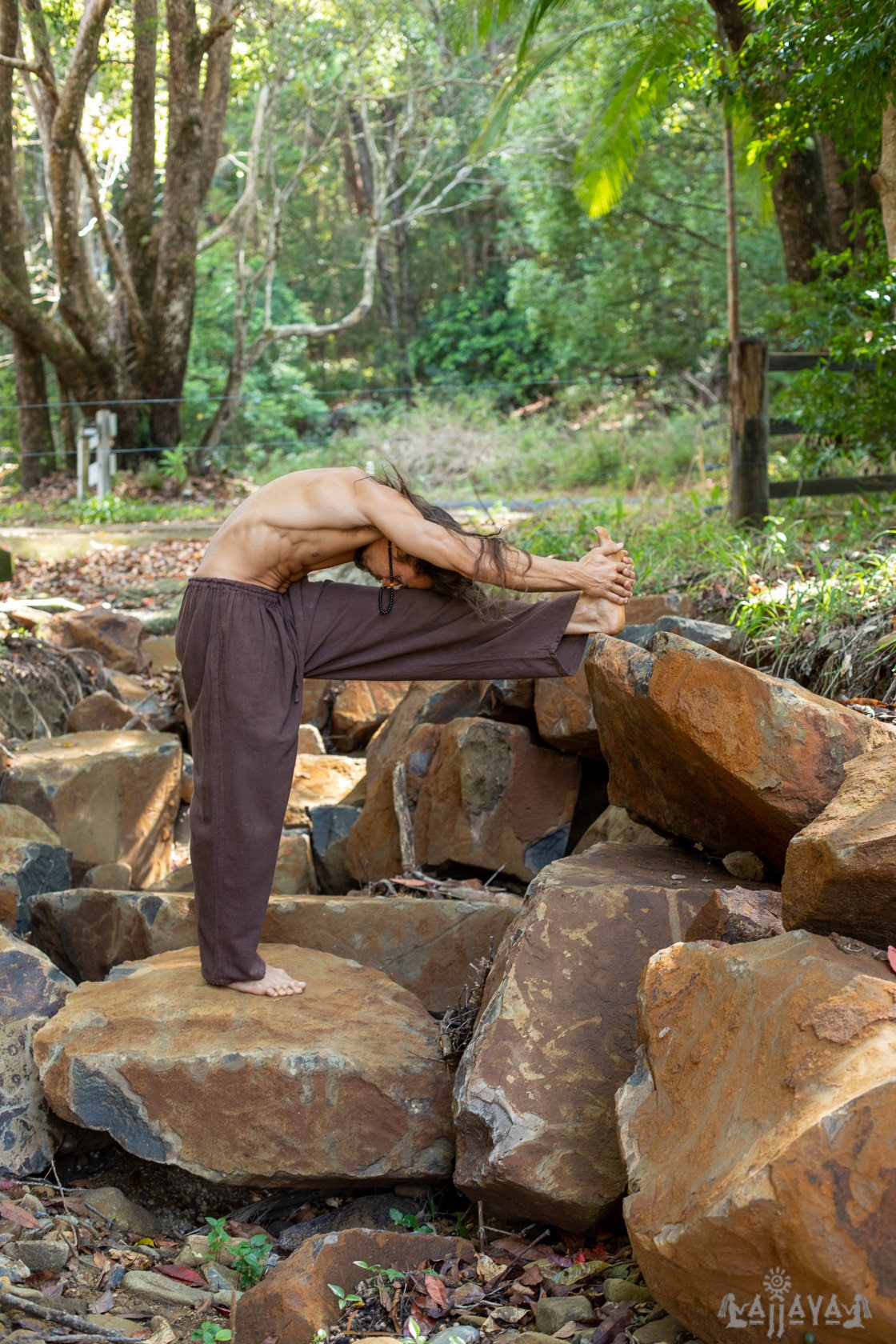 YUGI Brown Mens Cotton Yoga Pants Natural Plant Dyed Pockets Yogi Breathable Gym Straight Trousers Flexible Drawstring Festival Rave AJJAYA