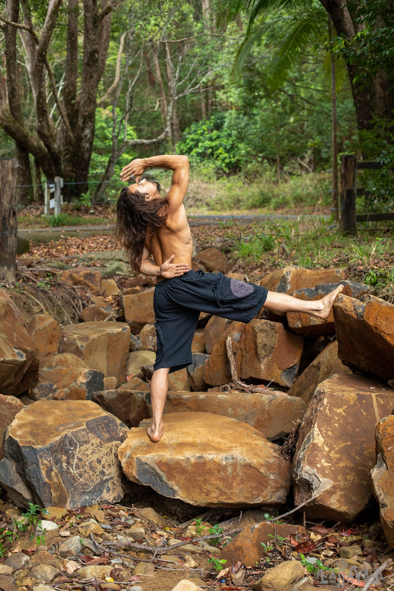 MANDA Black Mens Short Cotton Bermuda Pants with Four Pockets Natural Herbal Dyed Sacred Geometry Elastic Waist Festival Yoga Rave AJJAYA