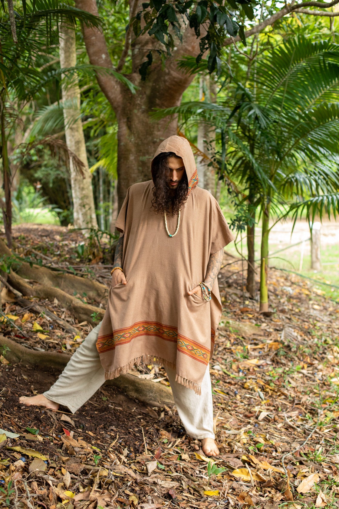 UPEKKHA Brown Mens Hooded Poncho Long Cashmere and Acrylic Wool with Tribal Embroidery, Large Hood, Pockets, Hippie, Primitive, Boho, AJJAYA