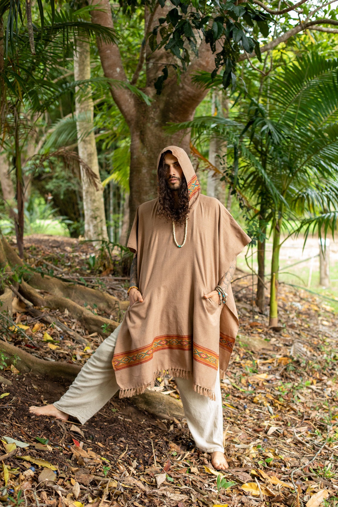 UPEKKHA Brown Mens Hooded Poncho Long Cashmere and Acrylic Wool with Tribal Embroidery, Large Hood, Pockets, Hippie, Primitive, Boho, AJJAYA