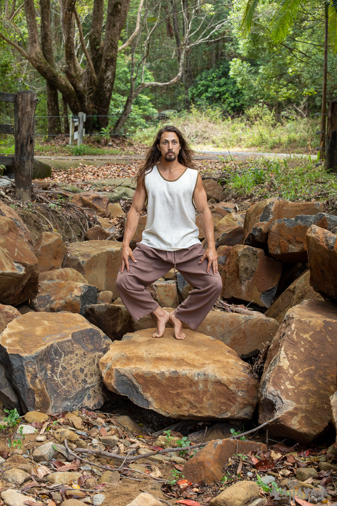 GAJU Mens Tank Top Tee Singlet Beige Cotton Block Printed Natural Dyed Muscle Shirt Festival Gypsy Yoga Yogi Earthy Tribal Nomadic AJJAYA