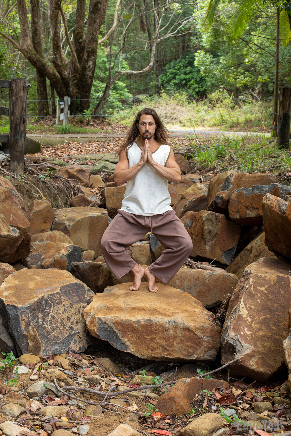 GAJU Mens Tank Top Tee Singlet Beige Cotton Block Printed Natural Dyed Muscle Shirt Festival Gypsy Yoga Yogi Earthy Tribal Nomadic AJJAYA