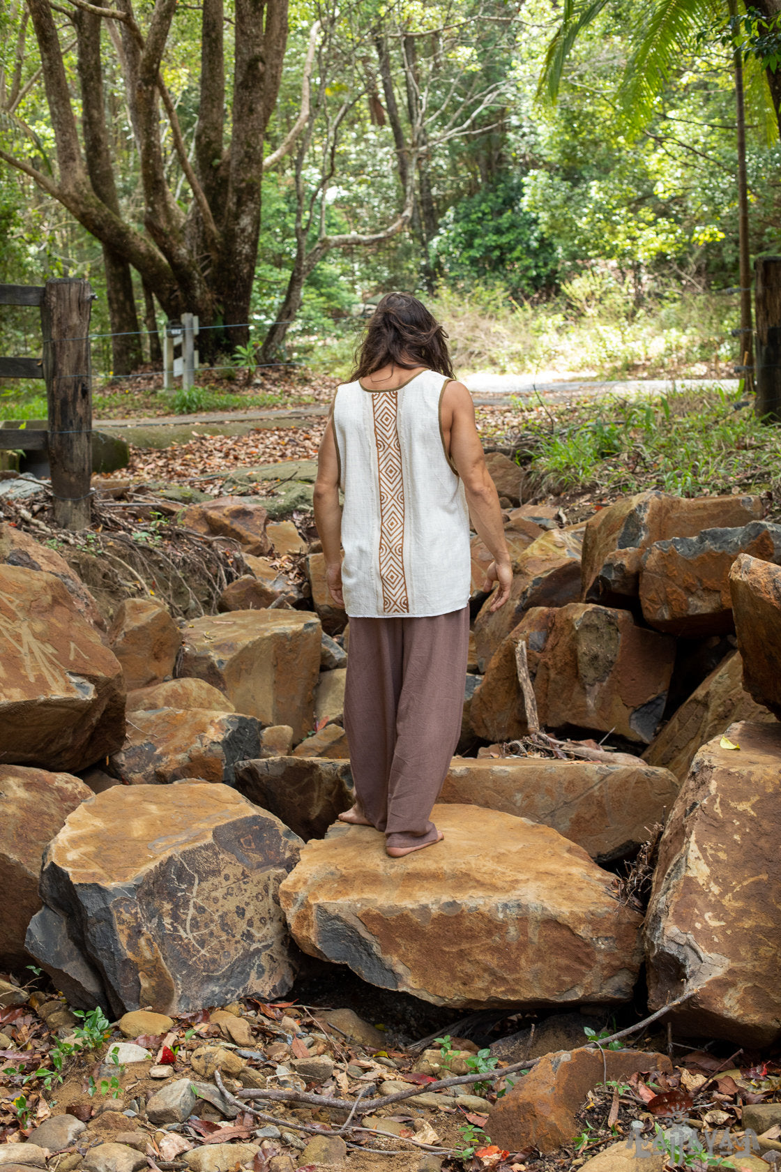 GAJU Mens Tank Top Tee Singlet Beige Cotton Block Printed Natural Dyed Muscle Shirt Festival Gypsy Yoga Yogi Earthy Tribal Nomadic AJJAYA