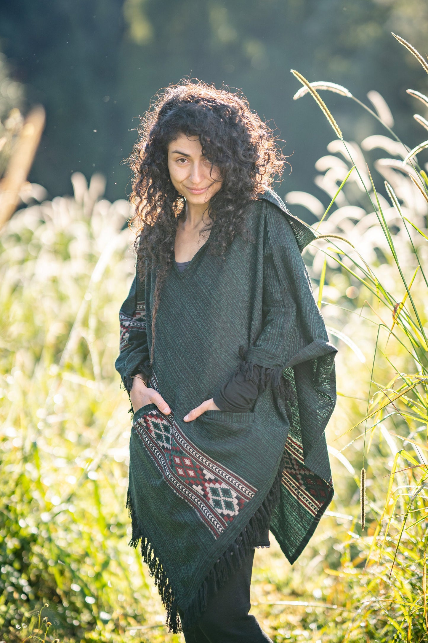 JHANA Hooded Poncho Green Tribal Cashmere and Acrylic Wool Embroidery Pockets Boho Festival Alternative Nomadic Primitive Hippie AJJAYA