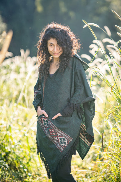 JHANA Hooded Poncho Green Tribal Cashmere and Acrylic Wool Embroidery Pockets Boho Festival Alternative Nomadic Primitive Hippie AJJAYA