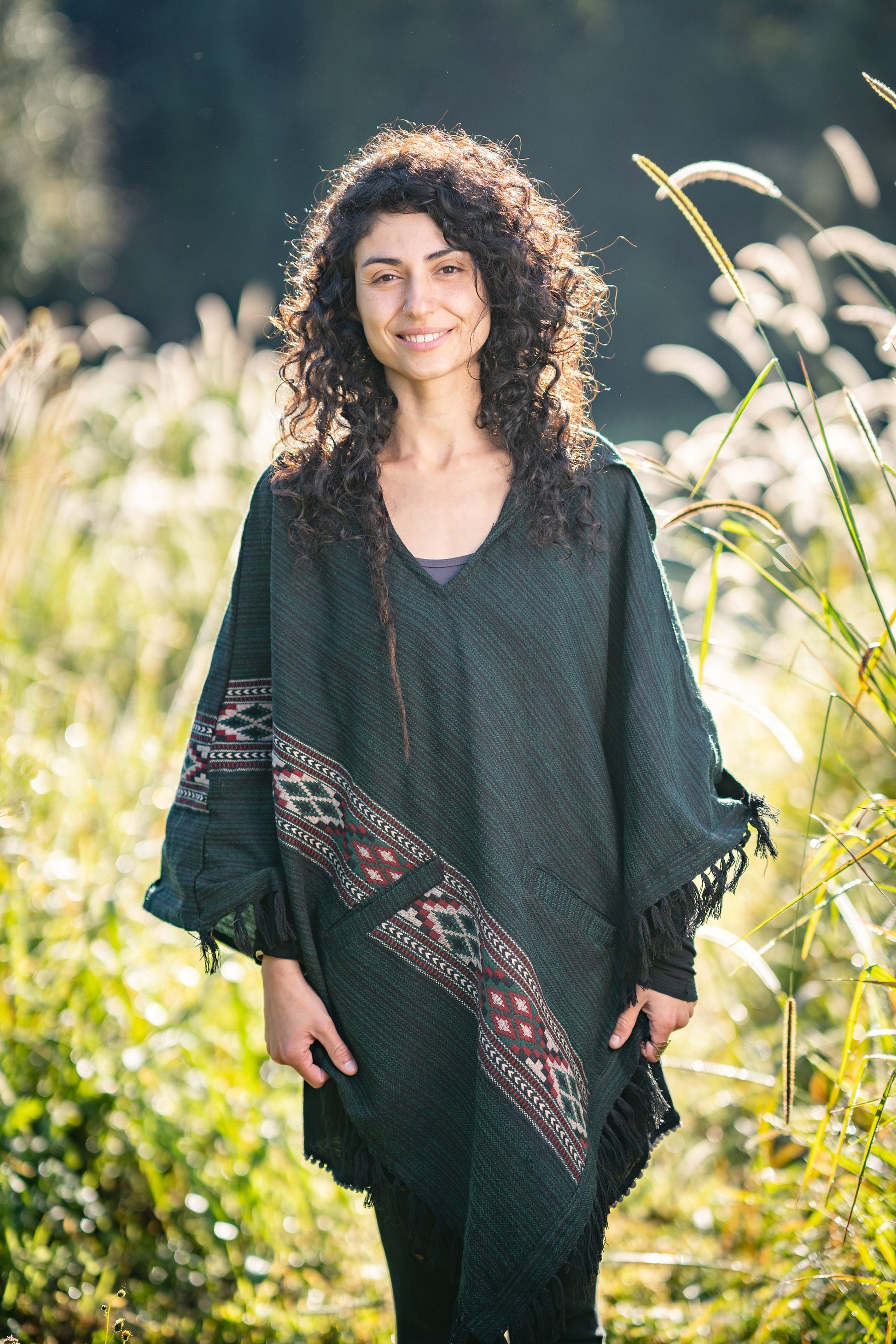 JHANA Hooded Poncho Green Tribal Cashmere and Acrylic Wool Embroidery Pockets Boho Festival Alternative Nomadic Primitive Hippie AJJAYA
