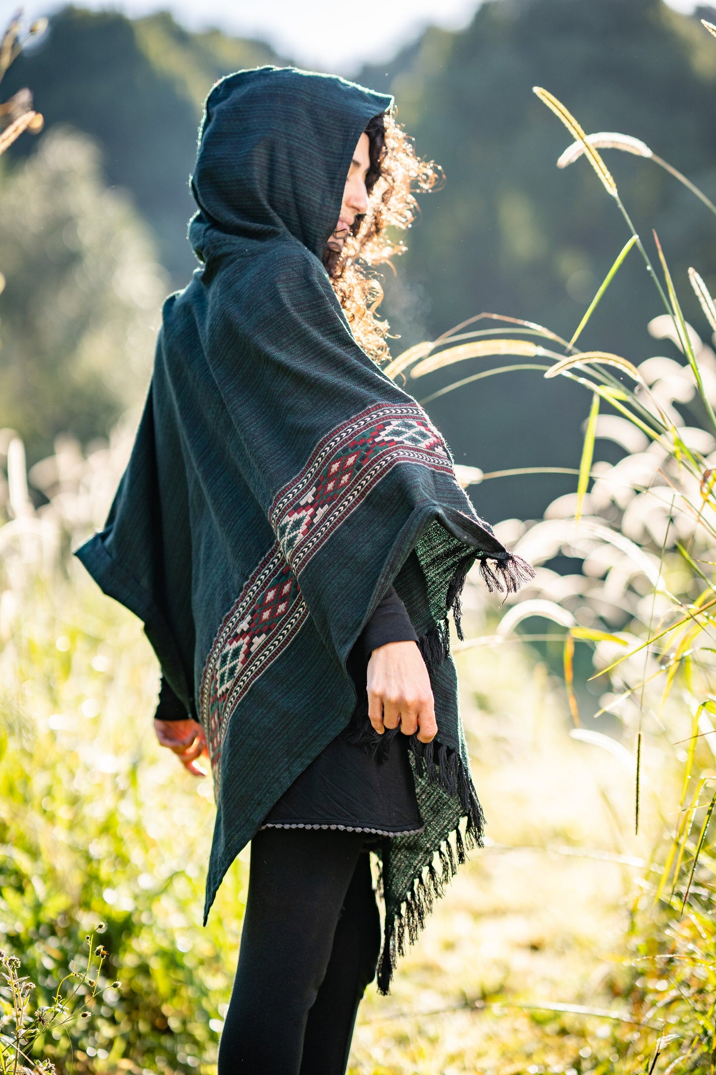 JHANA Hooded Poncho Green Tribal Cashmere and Acrylic Wool Embroidery Pockets Boho Festival Alternative Nomadic Primitive Hippie AJJAYA