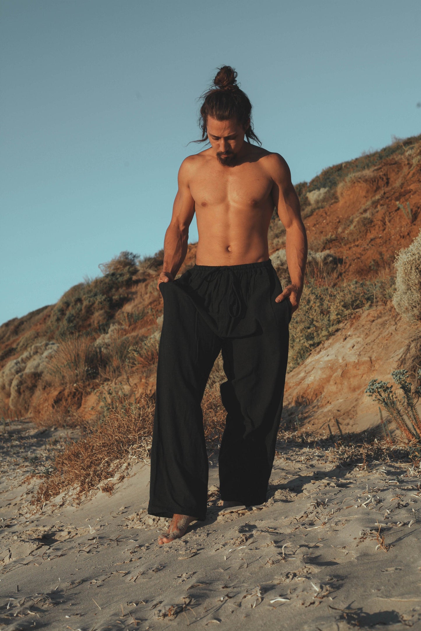 YUGI Black Mens Cotton Yoga Pants Natural Plant Dyed Pockets Yogi Breathable Gym Straight Trousers Flexible Drawstring Festival Rave AJJAYA