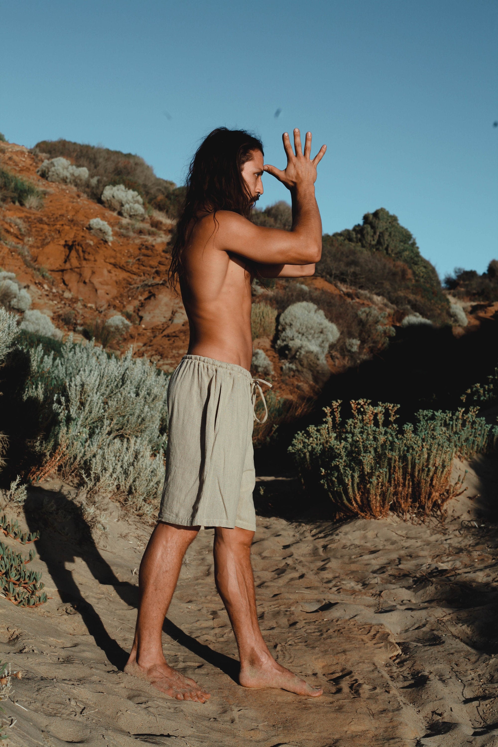 YUGINI Beige Short Pants Loose Comfortable Mens Shorts with Pockets Natural Cotton Plant Dyed Yoga Workout Ninja Gypsy Festival Gym AJJAYA