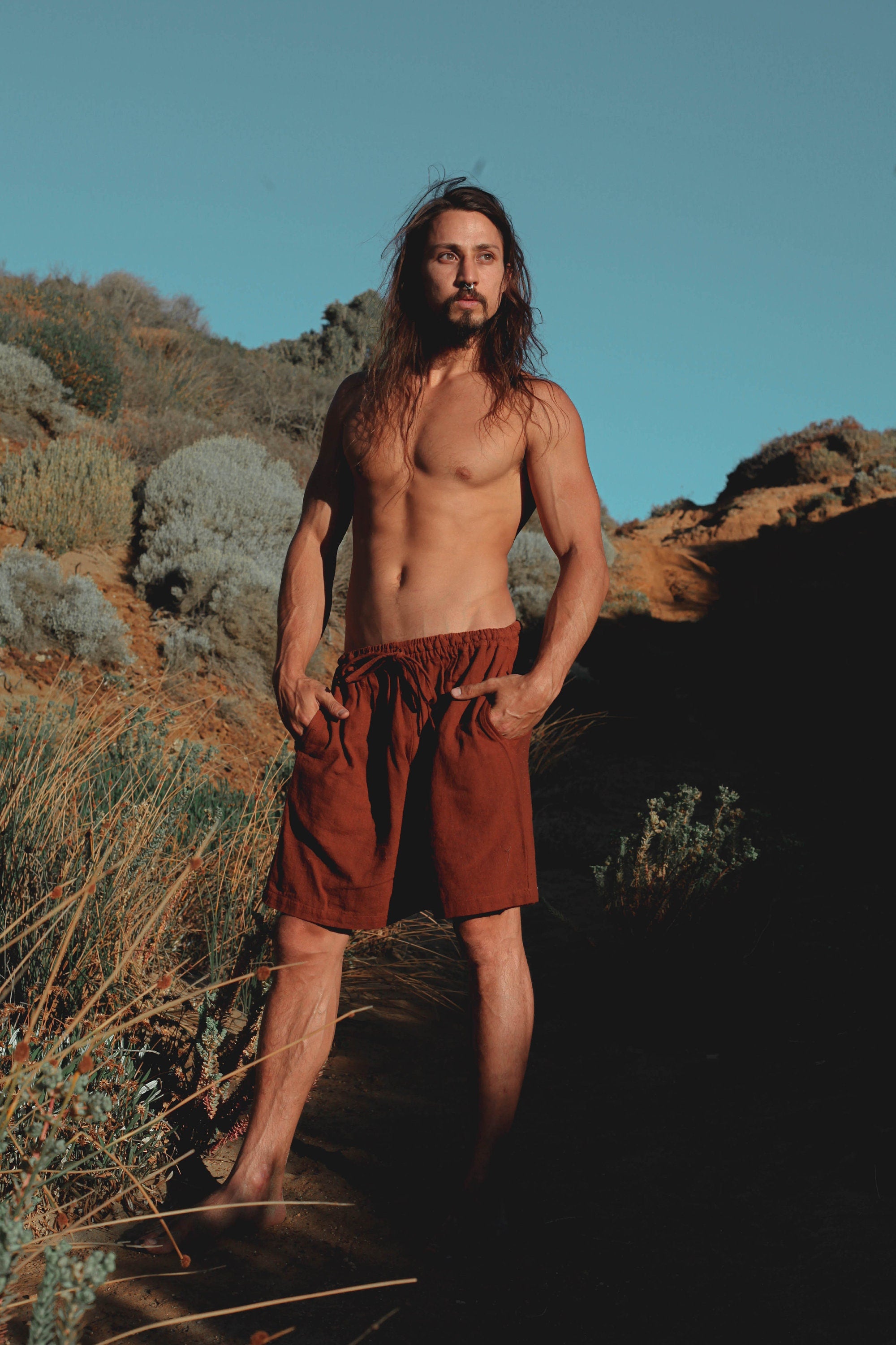 YUGINI Maroon Short Pants Loose Comfortable Mens Shorts with Pockets Natural Cotton Plant Dyed Yoga Workout Ninja Gypsy Festival Gym AJJAYA