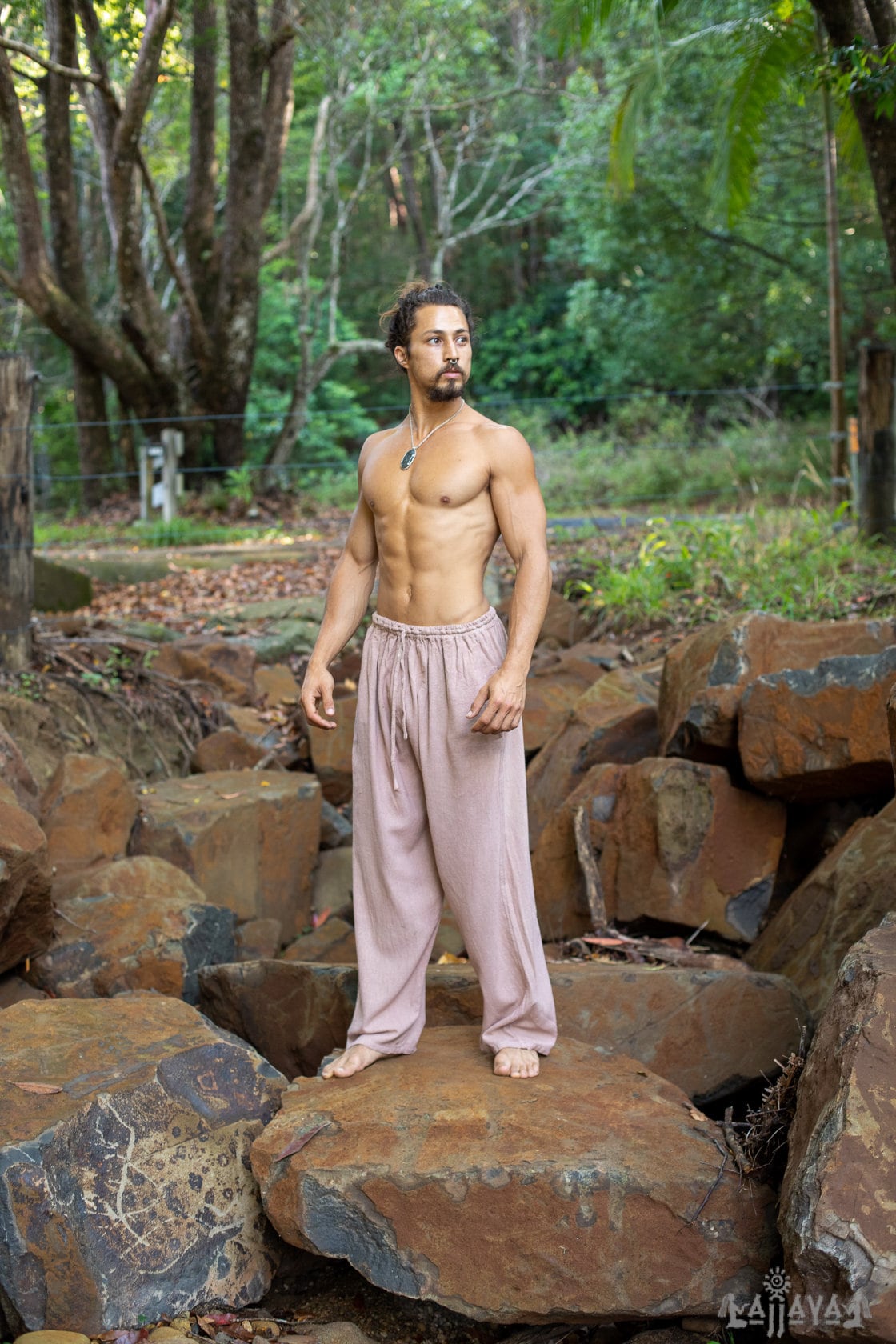 YUGI Salmon Pink Mens Cotton Yoga Pants Natural Plant Dyed Pockets Yogi Breathable Gym Straight Trousers Flexible Drawstring Festival AJJAYA