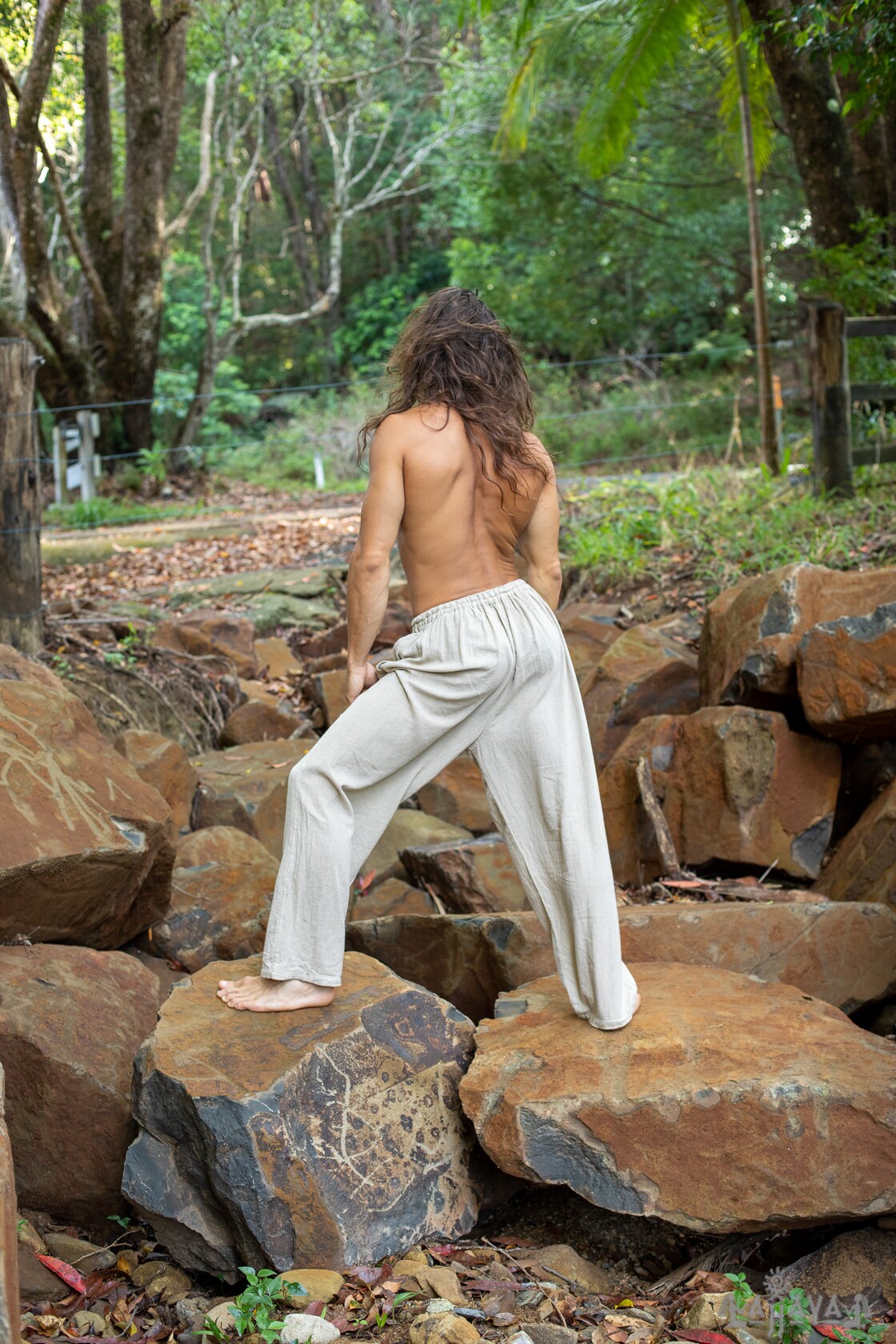YUGI Beige Mens Cotton Yoga Pants Natural Plant Dyed Pockets Yogi Breathable Gym Straight Trousers Flexible Drawstring Festival Rave AJJAYA