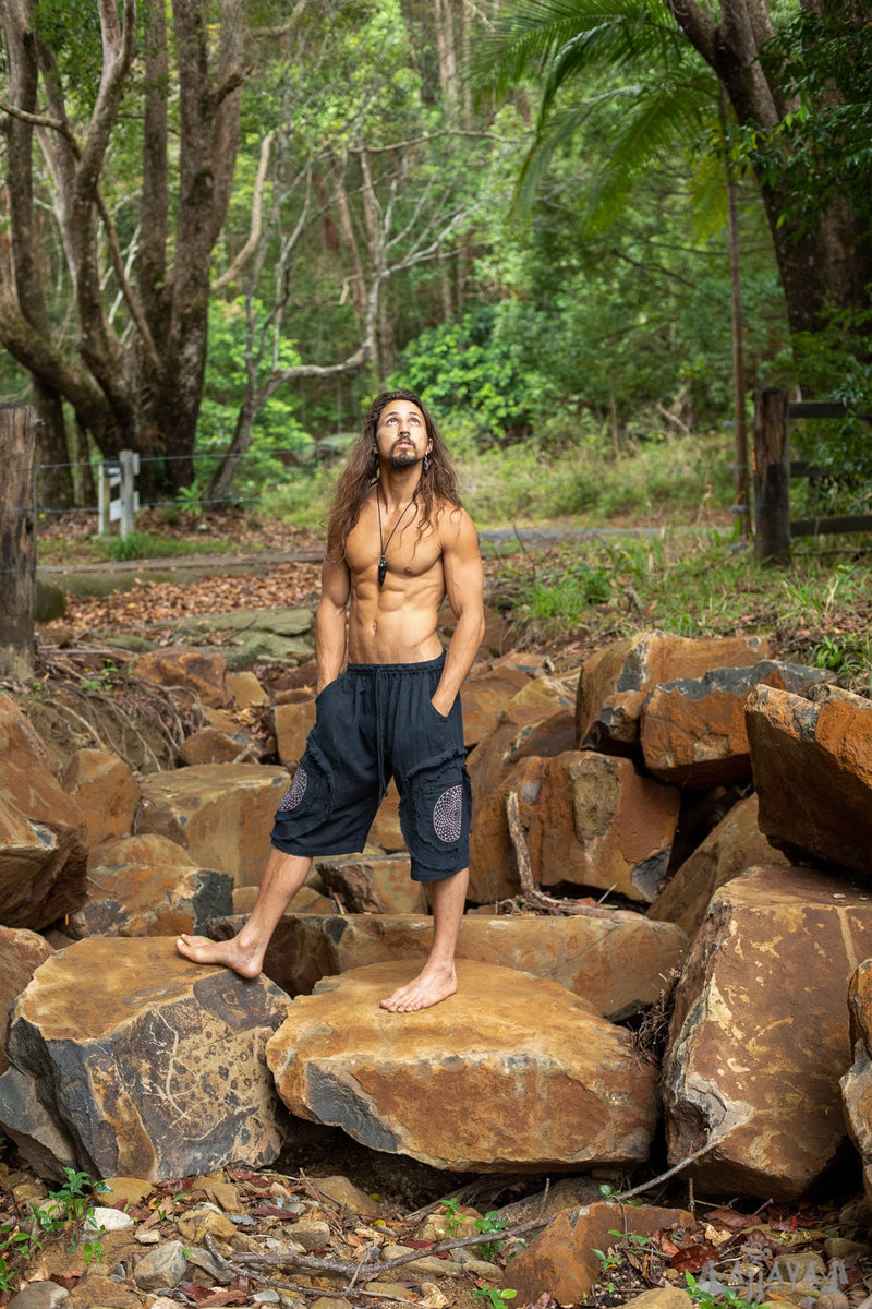 MANDA Beige Mens Short Cotton Bermuda Pants with Four Pockets Natural Herbal Dyed Sacred Geometry Elastic Waist Festival Yoga Rave AJJAYA