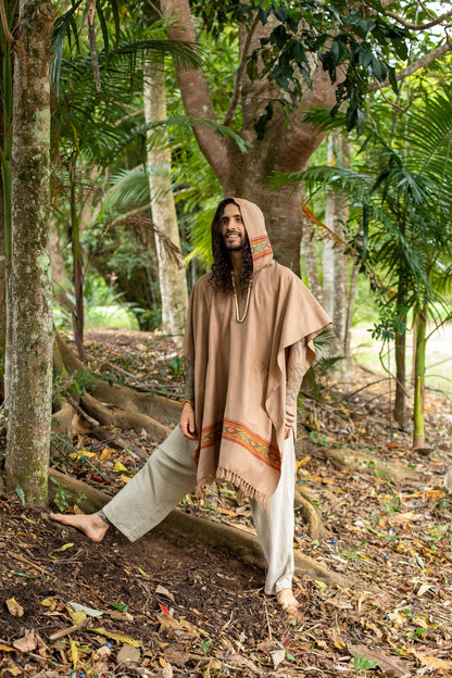 UPEKKHA Brown Mens Hooded Poncho Long Cashmere and Acrylic Wool with Tribal Embroidery, Large Hood, Pockets, Hippie, Primitive, Boho, AJJAYA