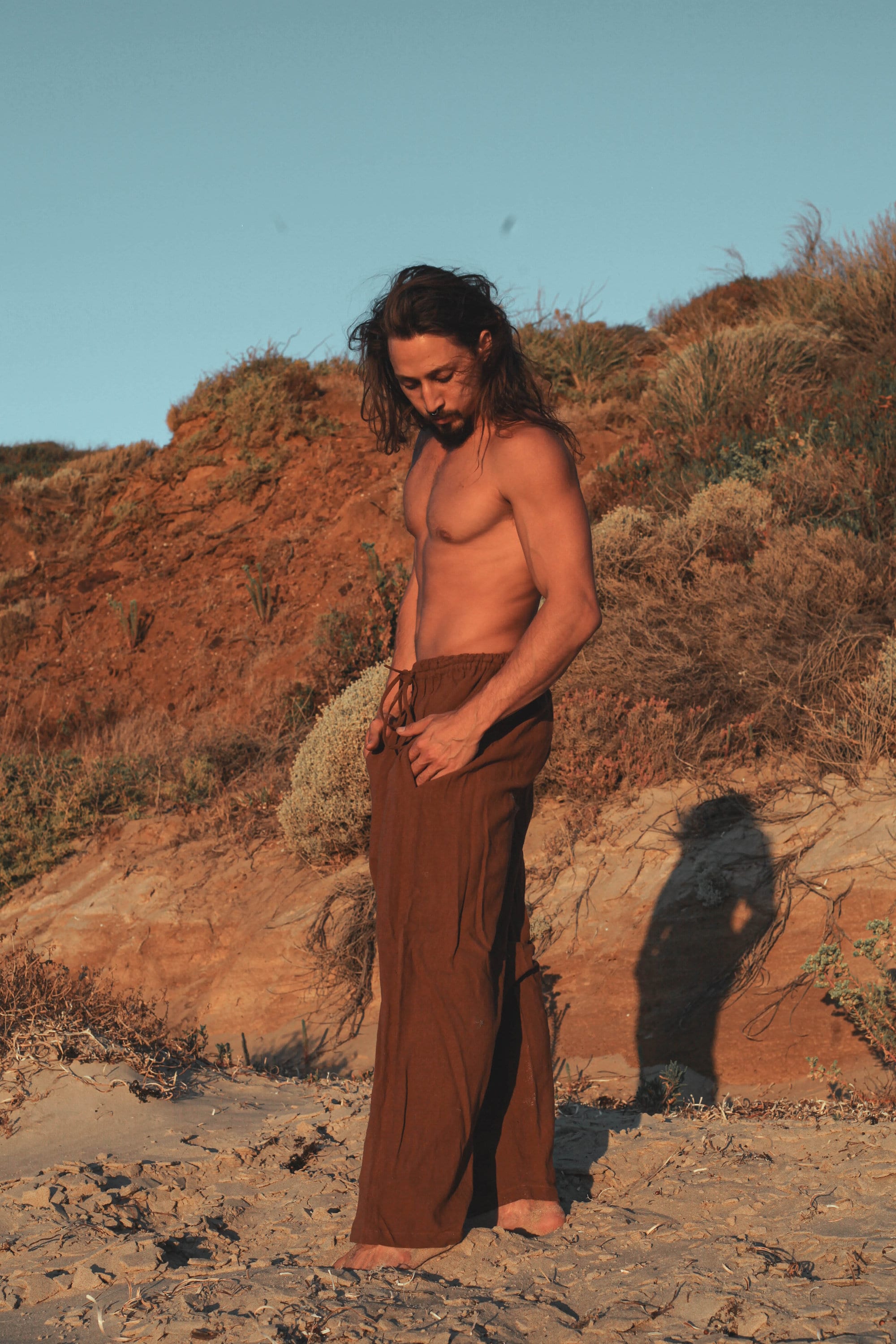 YUGI Maroon Mens Cotton Yoga Pants Natural Plant Dyed Pockets Yogi Breathable Gym Straight Trousers Flexible Drawstring Festival Rave AJJAYA