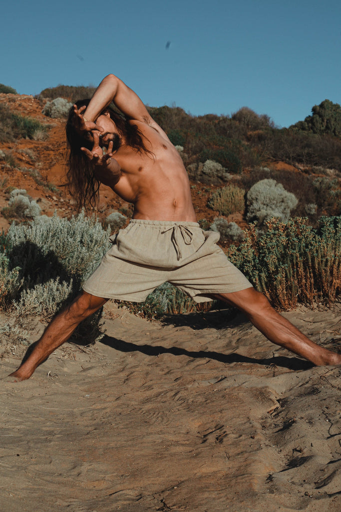 YUGINI Beige Short Pants Loose Comfortable Mens Shorts with Pockets Natural Cotton Plant Dyed Yoga Workout Ninja Gypsy Festival Gym AJJAYA