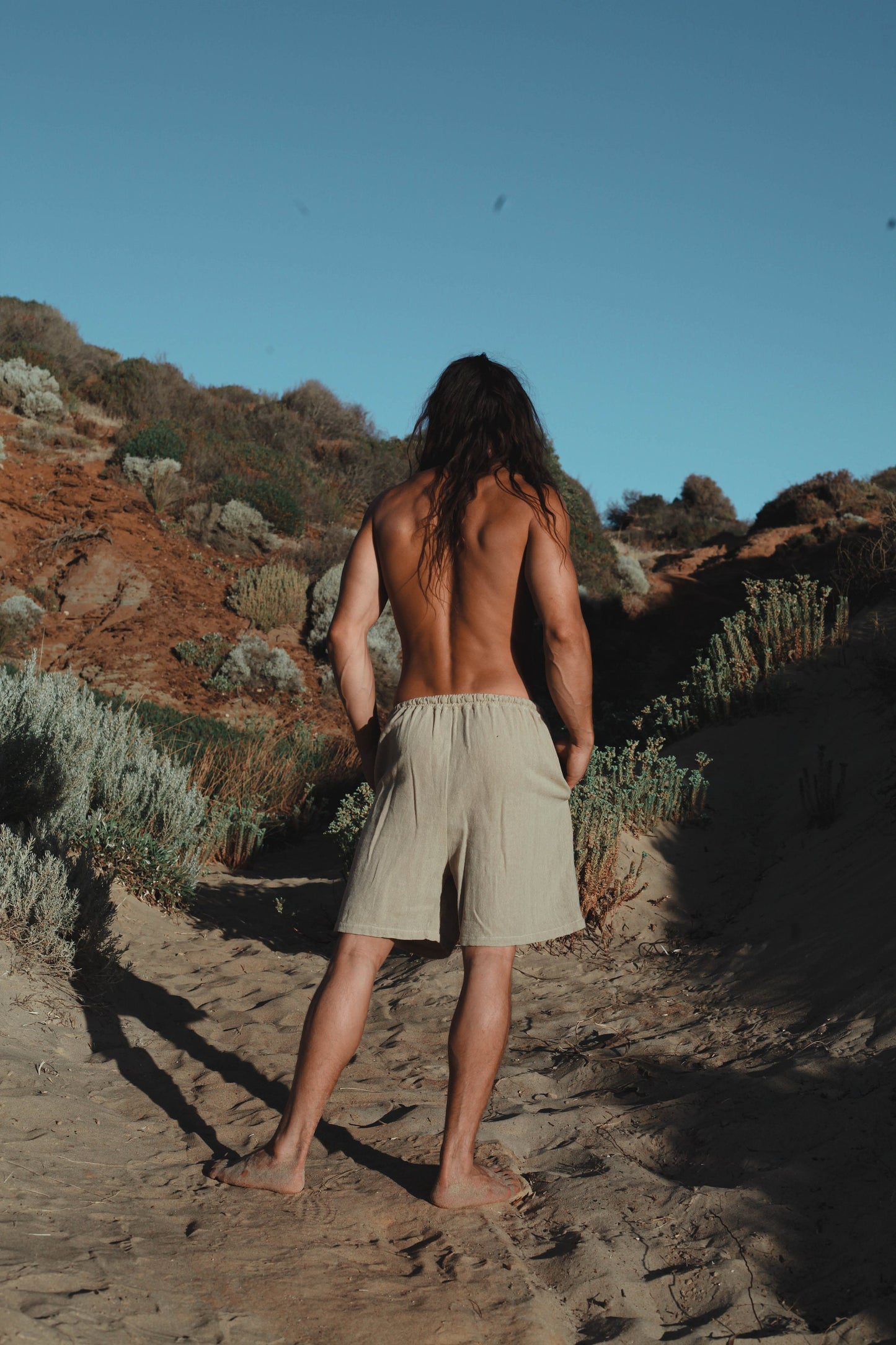 YUGINI Beige Short Pants Loose Comfortable Mens Shorts with Pockets Natural Cotton Plant Dyed Yoga Workout Ninja Gypsy Festival Gym AJJAYA