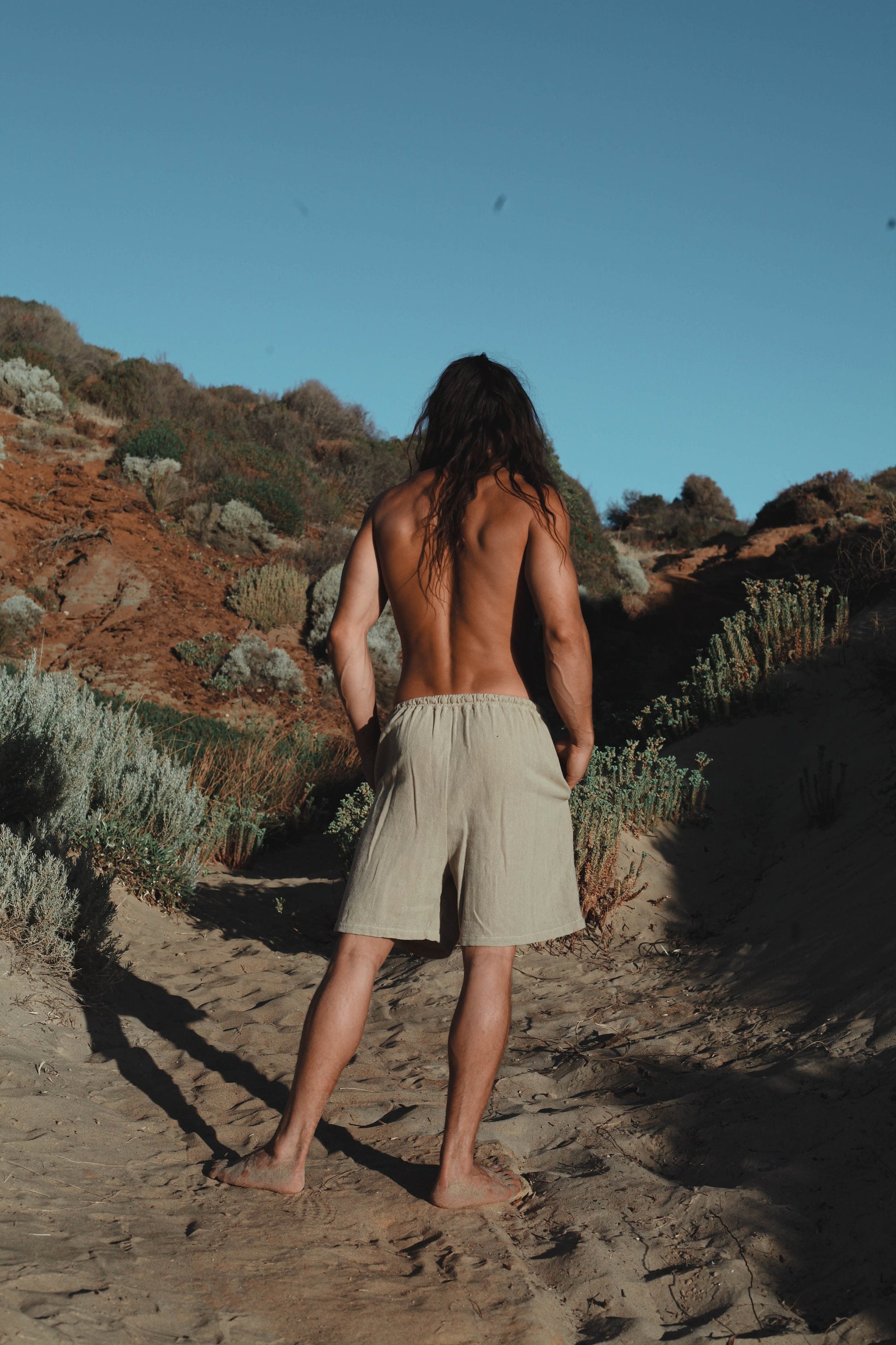 YUGINI Beige Short Pants Loose Comfortable Mens Shorts with Pockets Natural Cotton Plant Dyed Yoga Workout Ninja Gypsy Festival Gym AJJAYA