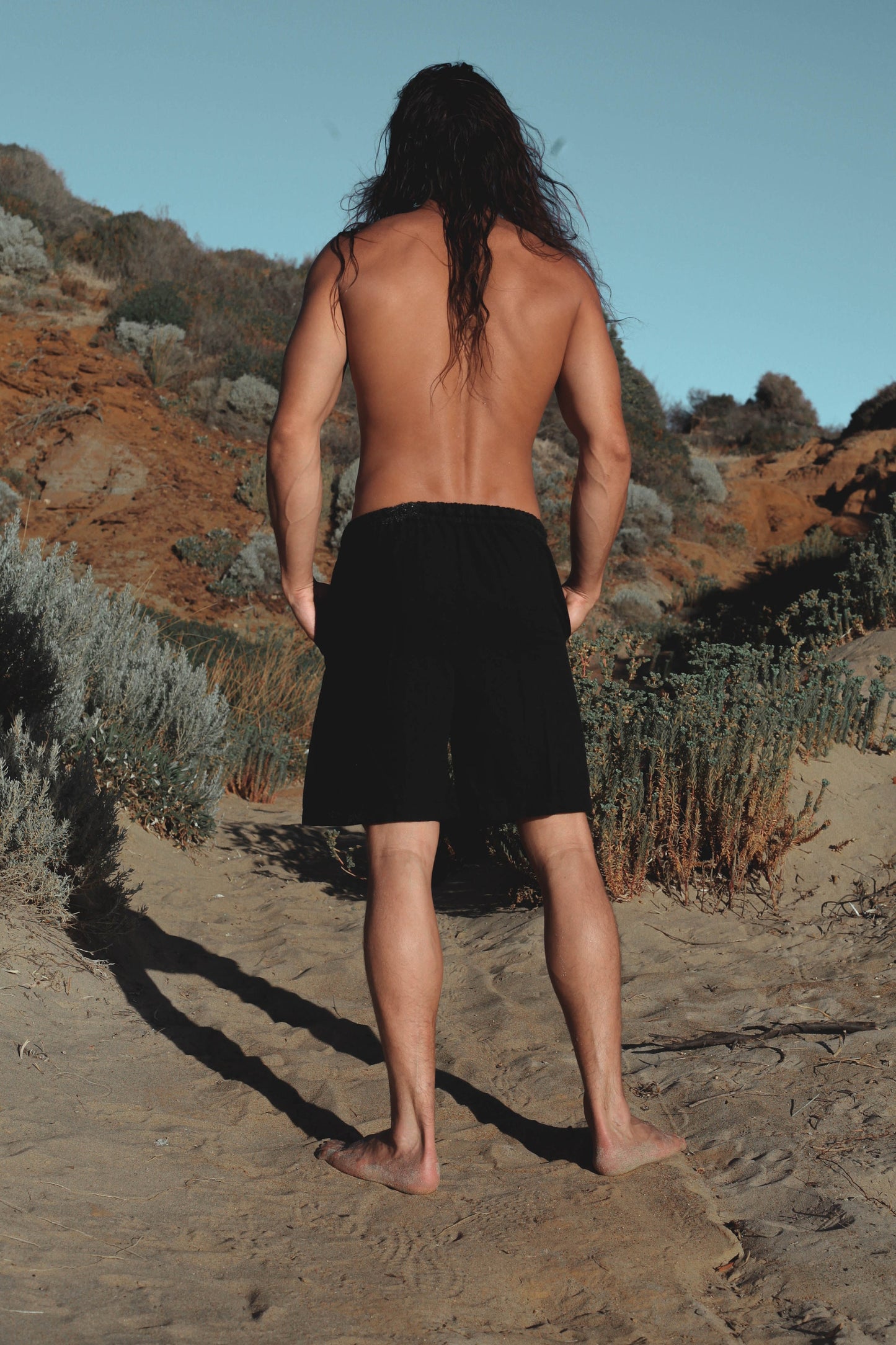 YUGINI Black Short Pants Loose Comfortable Mens Shorts with Pockets Natural Cotton Plant Dyed Yoga Workout Ninja Gypsy Festival Gym AJJAYA